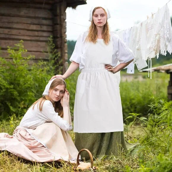 Vintage Adjustable Ruffle White Apron Maid Pioneer Costume Victorian Style Cotto - Picture 6 of 7